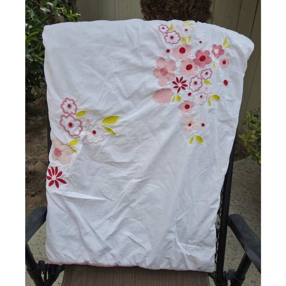 Rare MiGi Blossom Blanket White With Pink & Red Appliqués Plush Pink Back 41x32